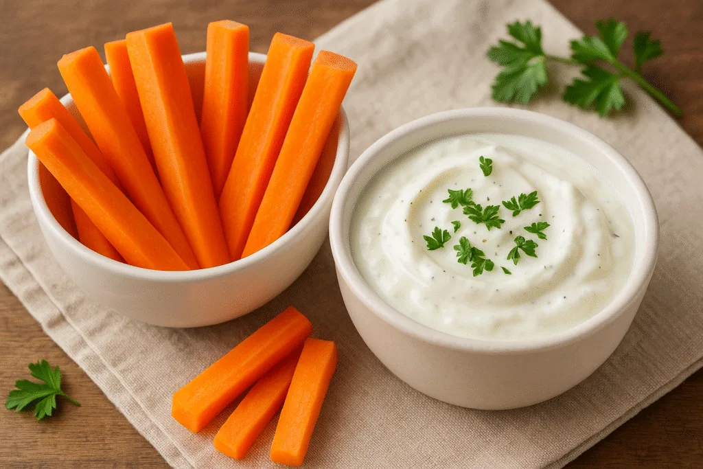 Bocadillo saludable para niños palitos de zanahoria con dip de yogur