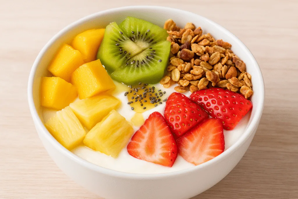 Bowl de frutas tropicales con granola