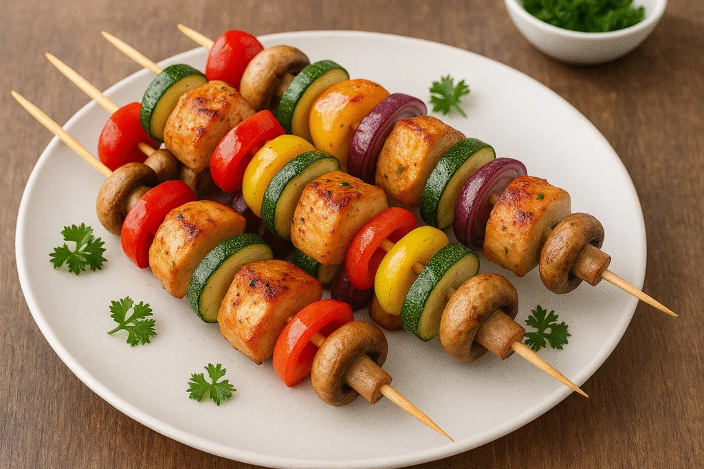 Brochetas de pollo y vegetales