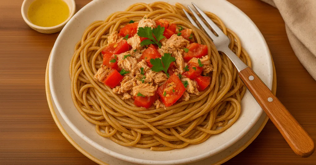 Fideos integrales con atún y tomate