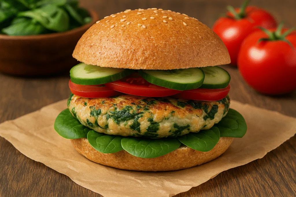 Hamburguesa casera de pollo con espinaca